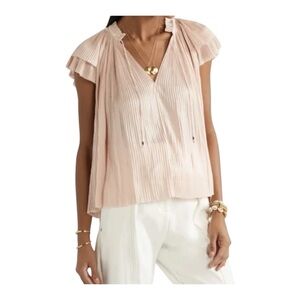 Ulla Johnson Sade Soft Pink Pleated Flowy Blouse Size 10 H1